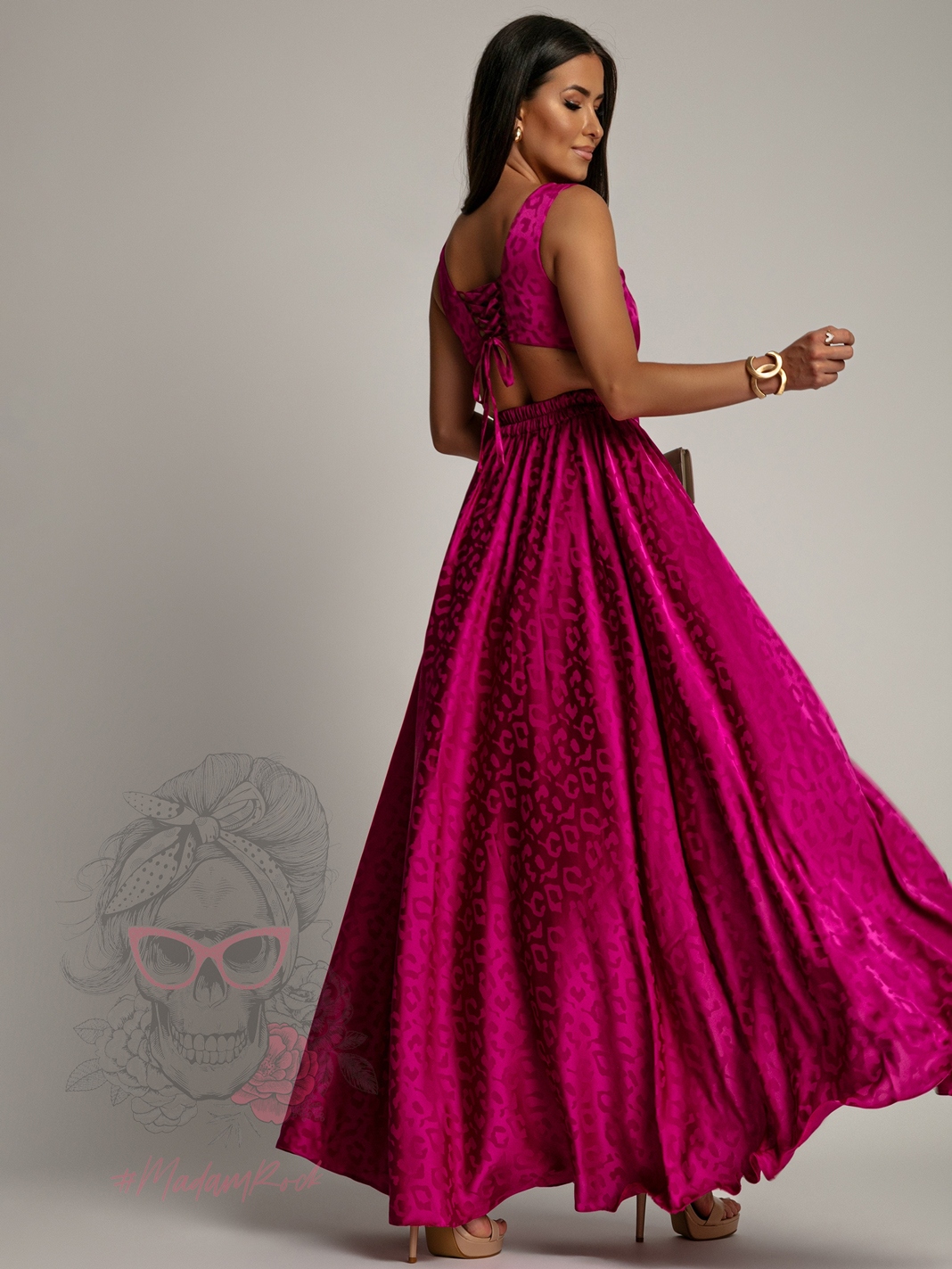 Sukienka maxi NB Merbella amarantowa w panterkę