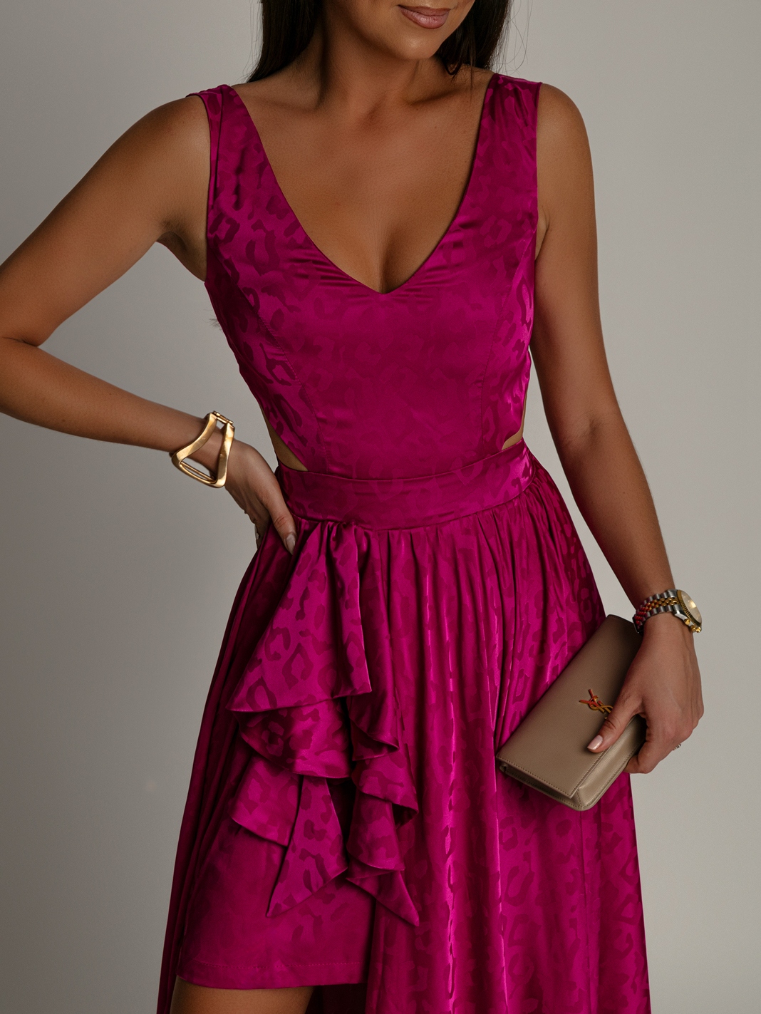 Sukienka maxi NB Merbella amarantowa w panterkę