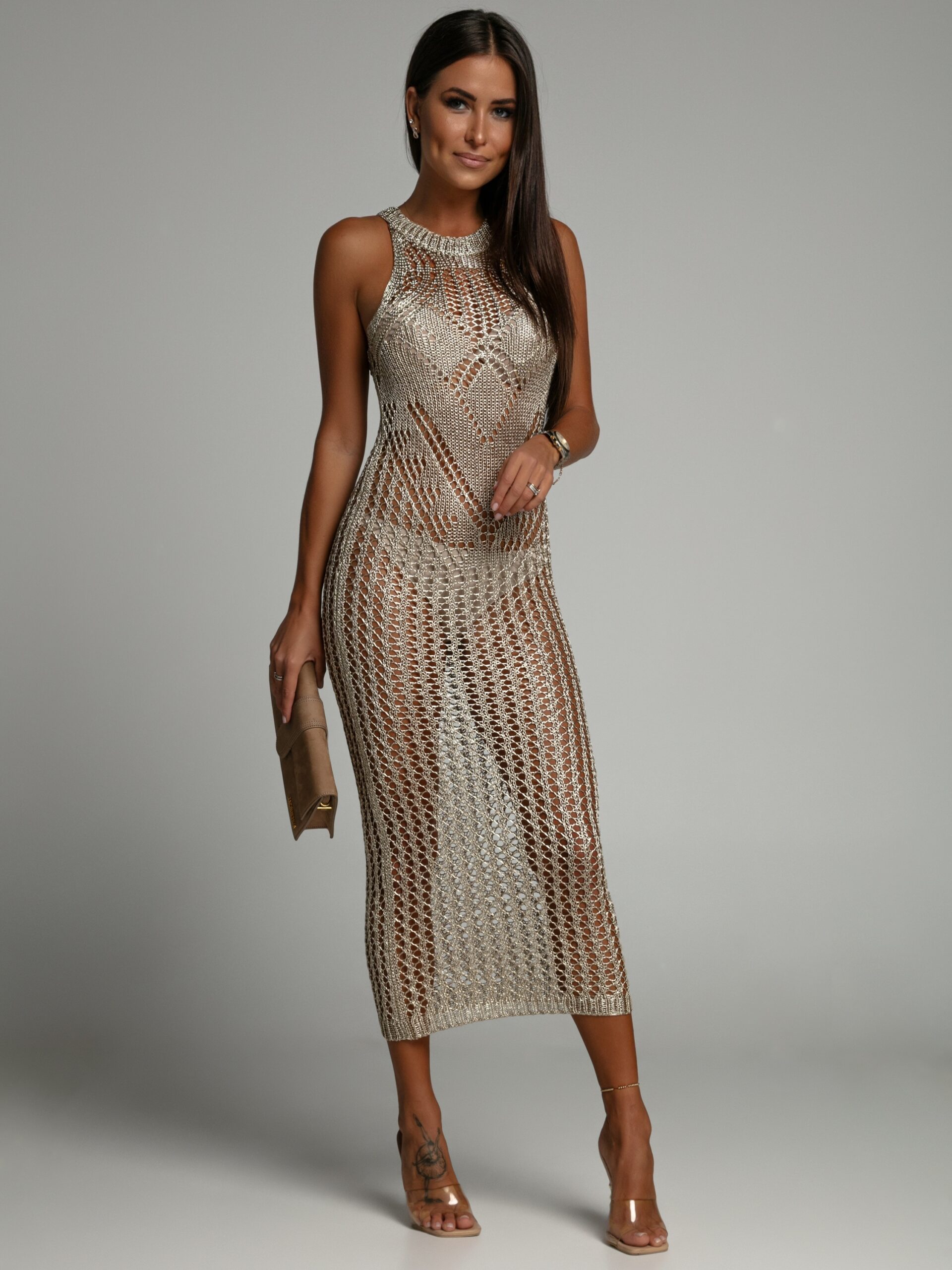 Sukienka maxi z metaliczną nitką Streep złota