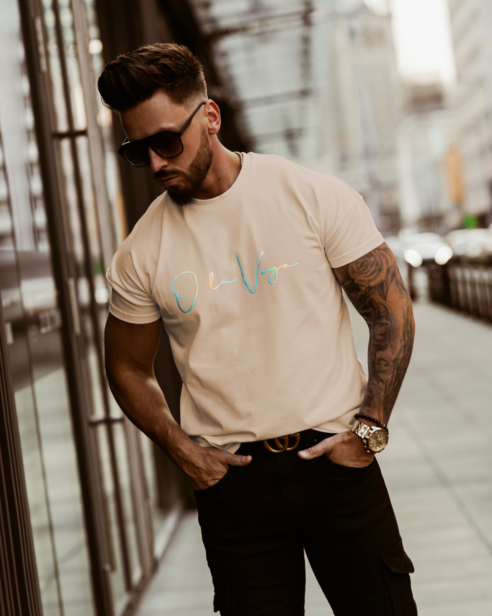 T-shirt męski BLUE LIGHT OLAVOGA beżowy