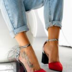 Czółenka na słupku Lady Step czerwone wężowe