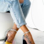 Czółenka na słupku Lady Step żółte wężowe