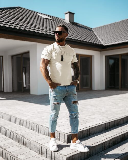 T-shirt męski z haftem Torn Ola Voga beżowy