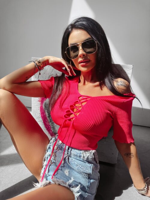 Bluzka z wiązaniem Elisium Ola Voga neonowy róż