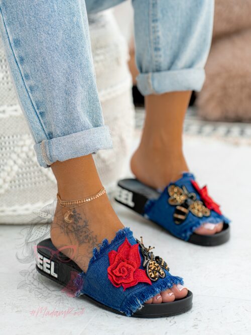 Klapki z aplikacjami Madam DenimBee granatowe