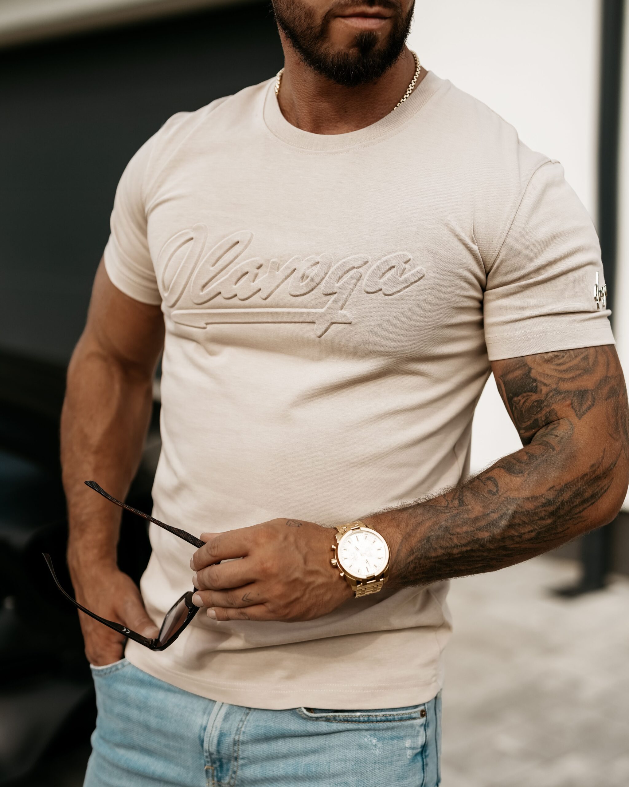 T-shirt męski z aplikacją Pleasure Ola Voga beżowy