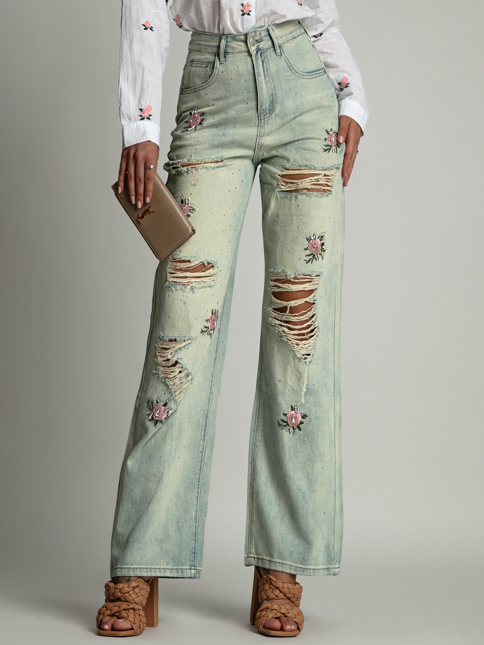 Spodnie jeansowe z różyczkami Madam Sosoe aqua blue