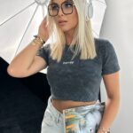 T-shirt prążkowany HONEY szary