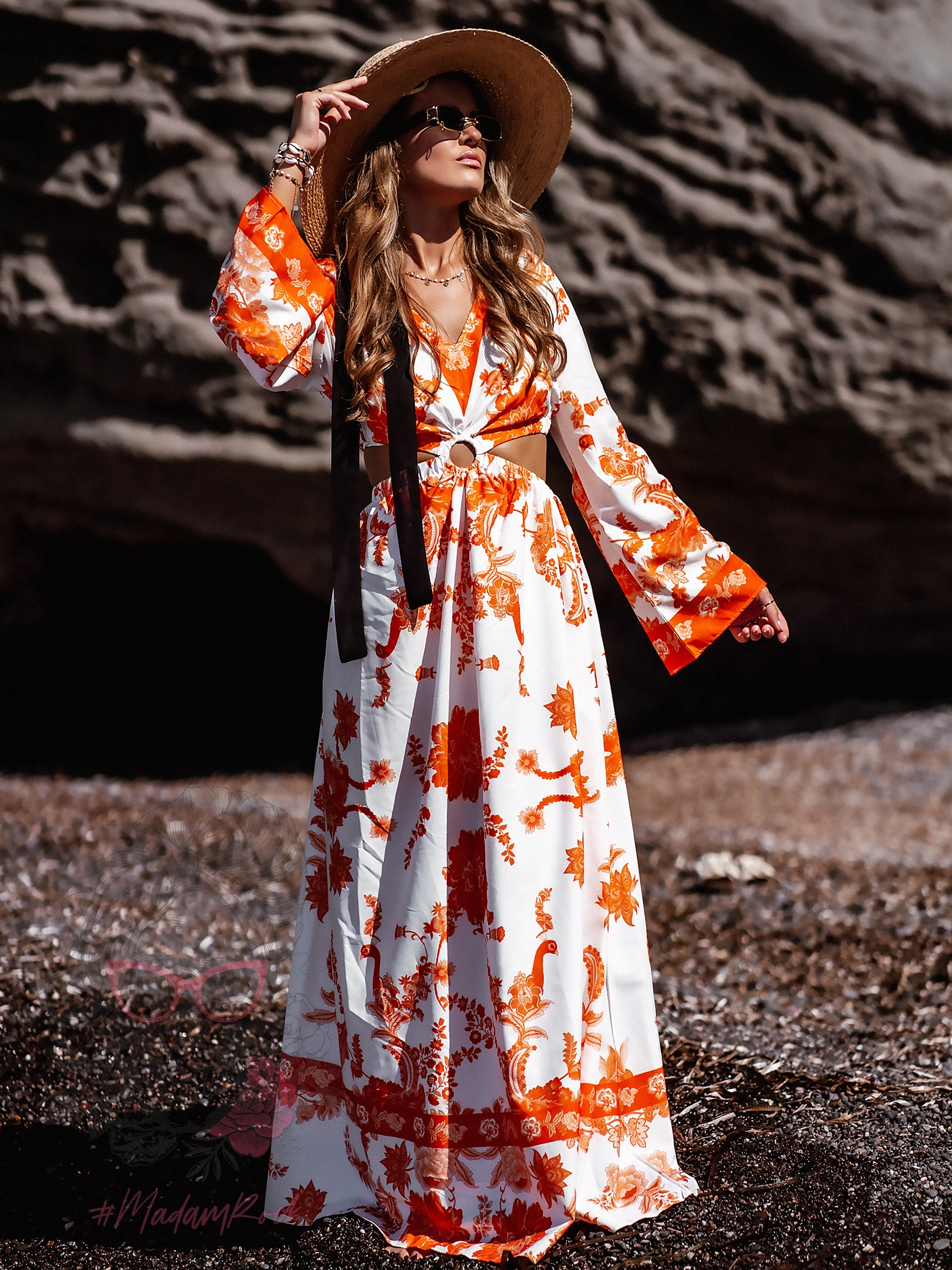 Sukienka maxi Barbera biało-pomarańczowa