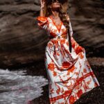 Sukienka maxi Barbera biało-pomarańczowa