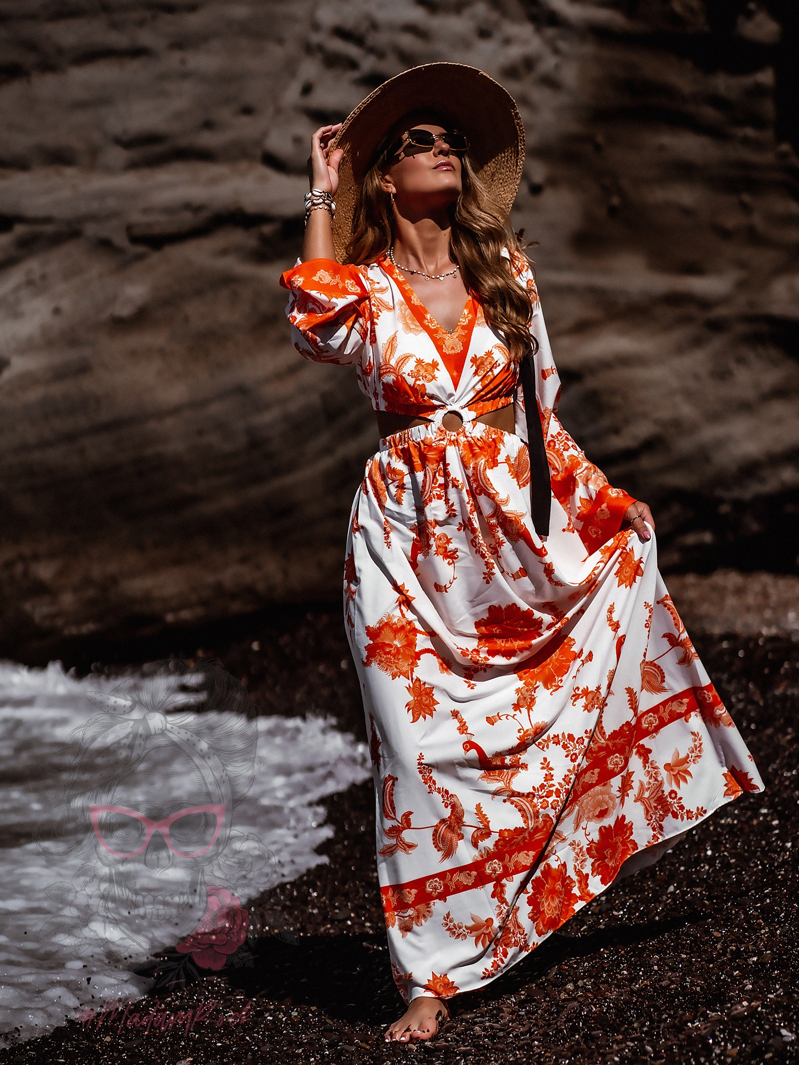 Sukienka maxi Barbera biało-pomarańczowa Sukienka maxi Barbera biało-pomarańczowa