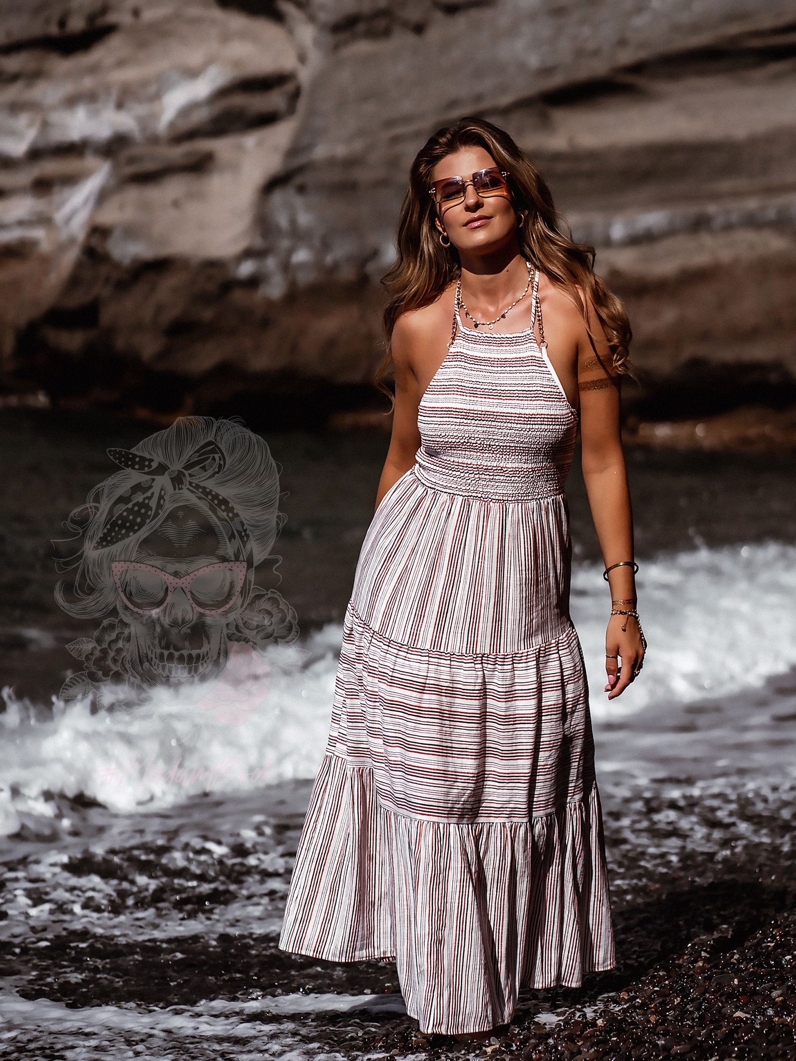 Sukienka lniana Get Off biała w paski