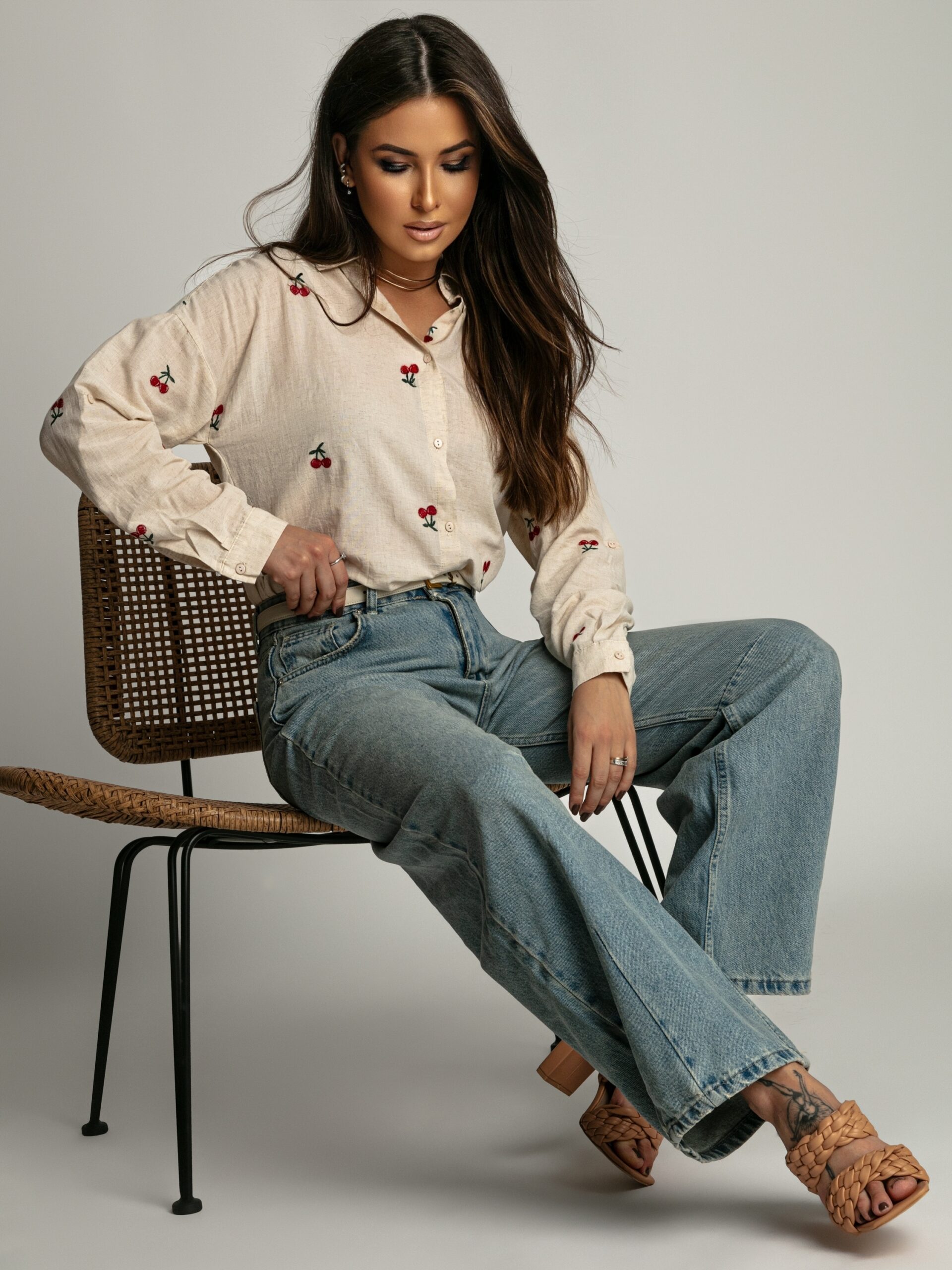 Koszula płócienna z wisienkami Cherry beżowa