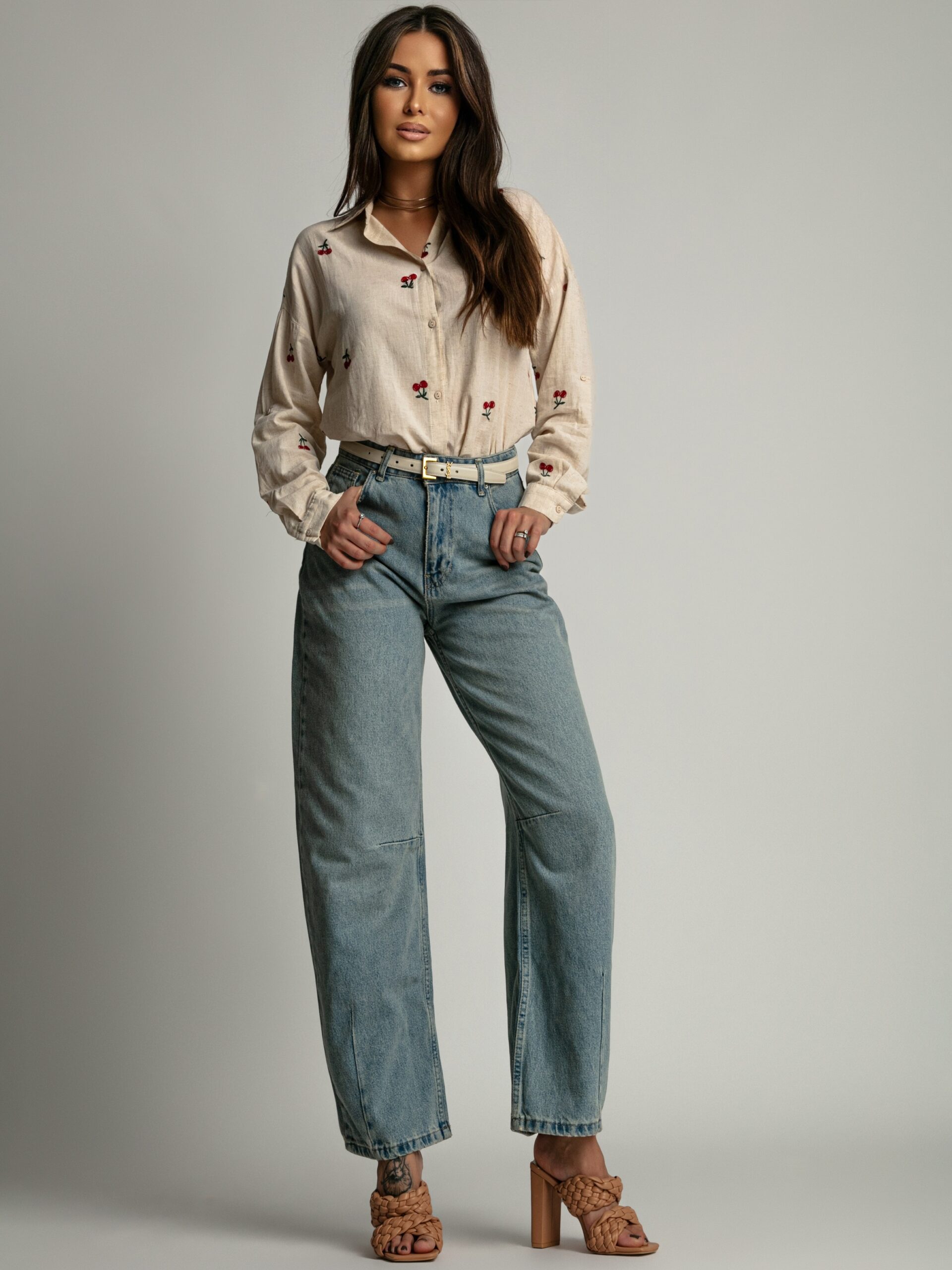 Koszula płócienna z wisienkami Cherry beżowa