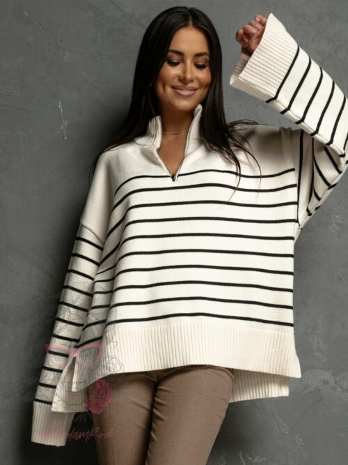 Sweter kaszmirowy w paski Lafito jasnobeżowy