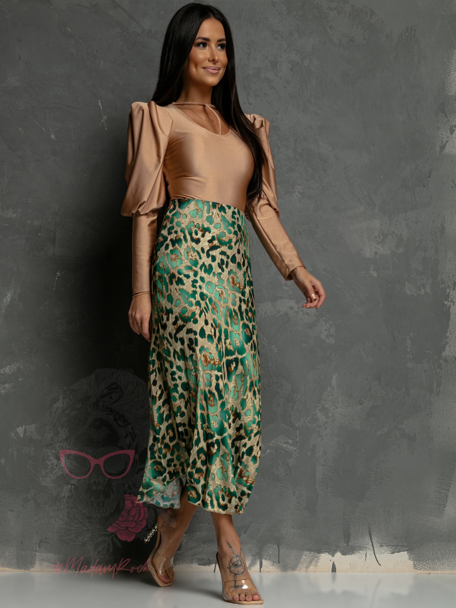 Spódnica satynowa Melodia w panterkę zielona