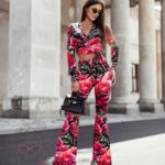 Komplet bluzka + spodnie NB AMARO panterka róże czerwone