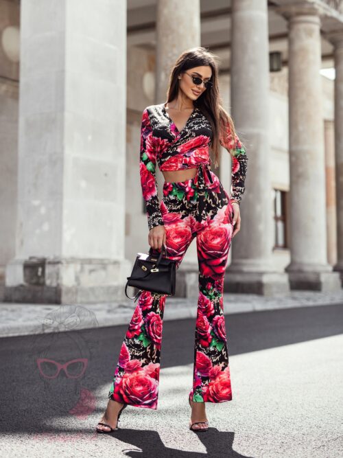Komplet bluzka + spodnie NB AMARO panterka róże czerwone
