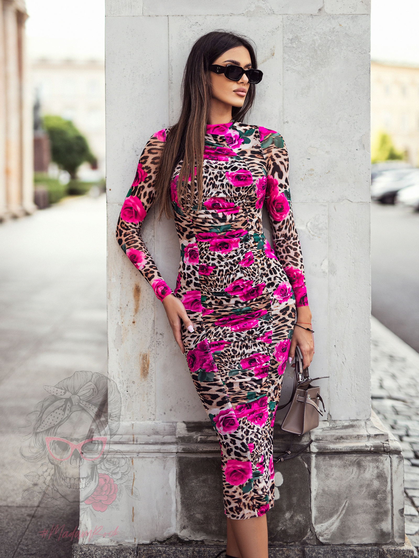 Sukienka marszczona MILLI panterka róże fuksja