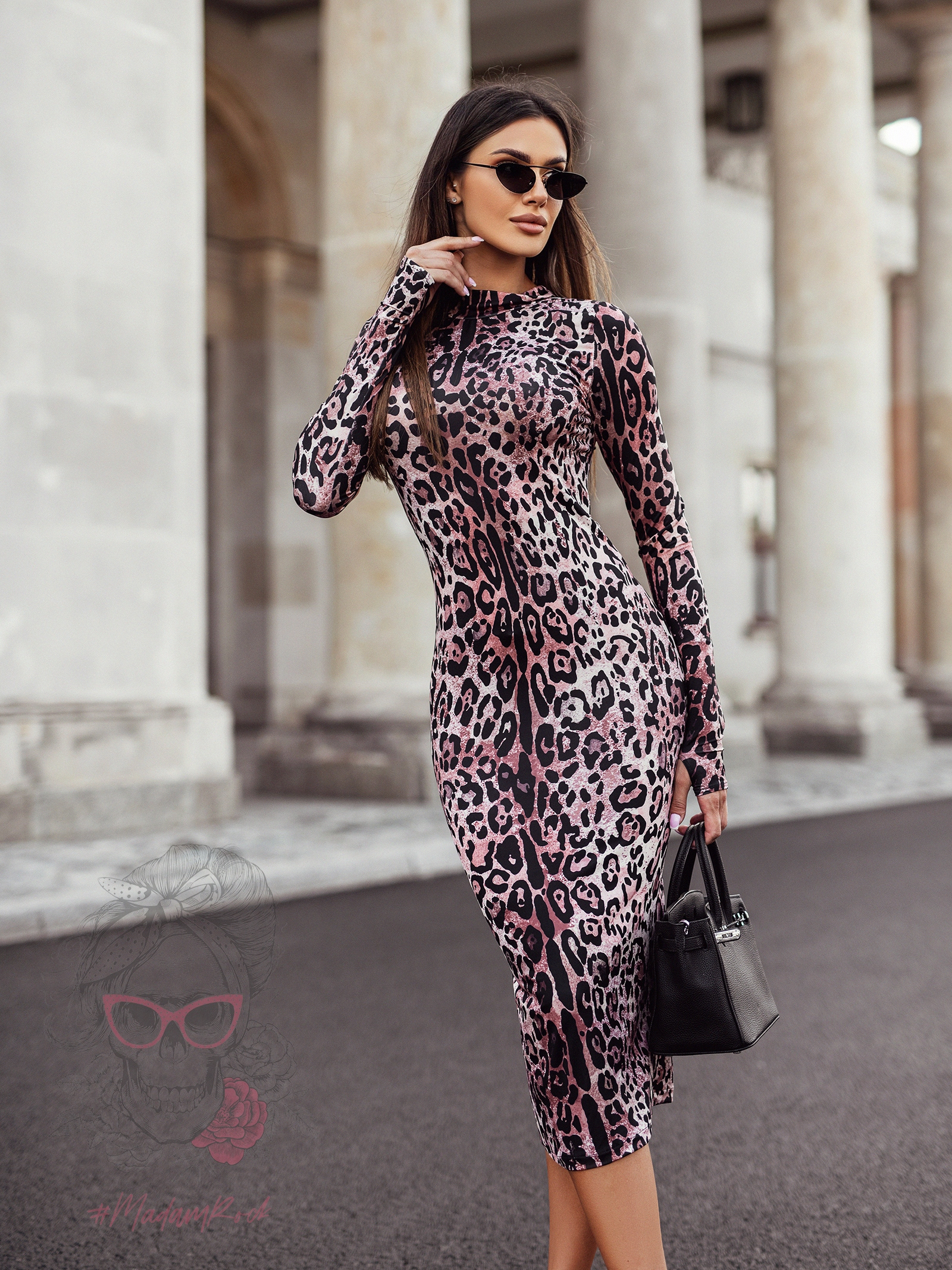 Sukienka midi z lycry NB NEMIS panterka brązowa