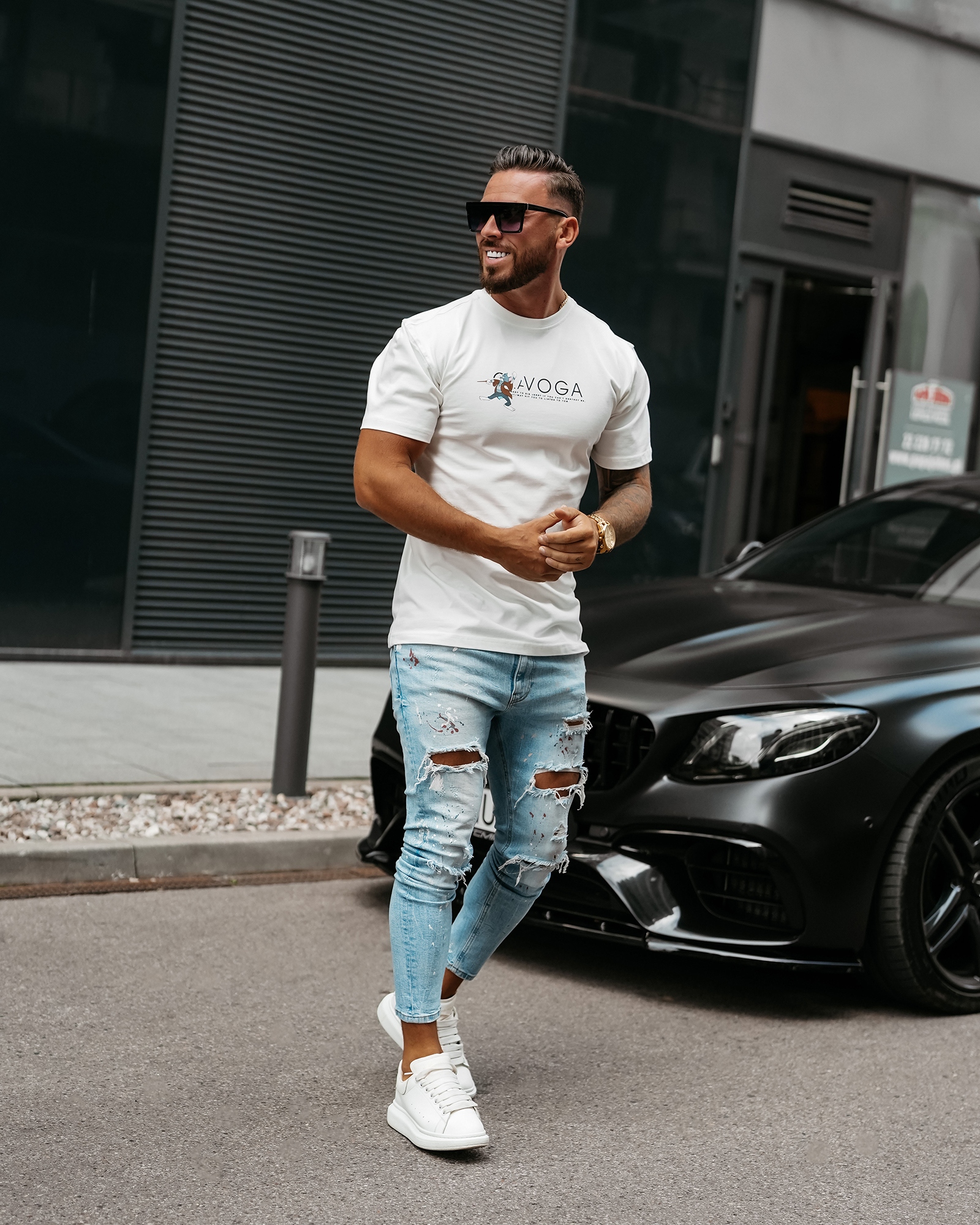 T-shirt męski slim fit z nadrukiem BASTY OLAVOGA ecru