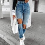 Spodnie mom jens z dziurami HORIZON OLAVOGA niebieskie