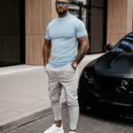 T-shirt męski ze stójką NECK OLAVOGA błękitny