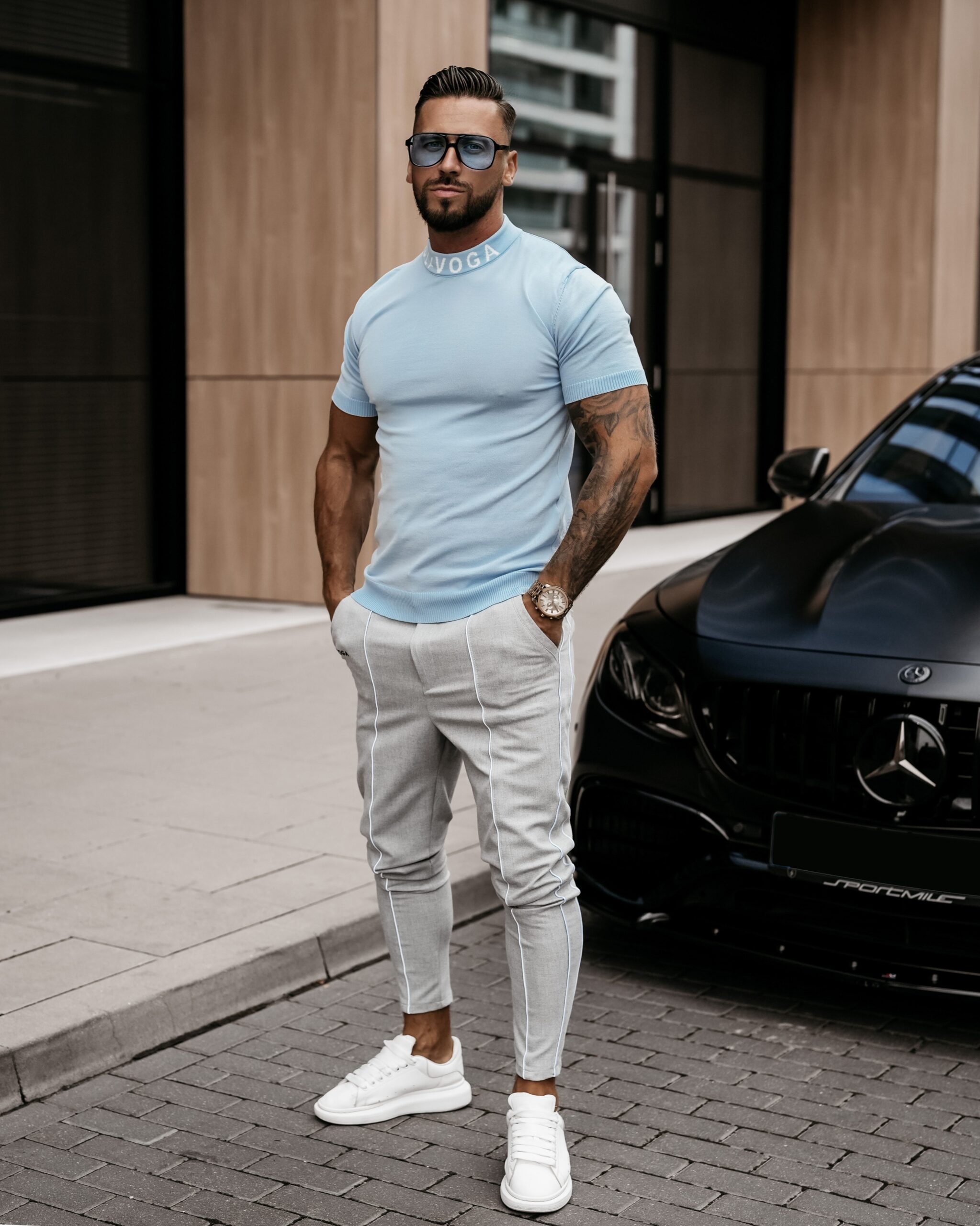 T-shirt męski ze stójką NECK OLAVOGA błękitny