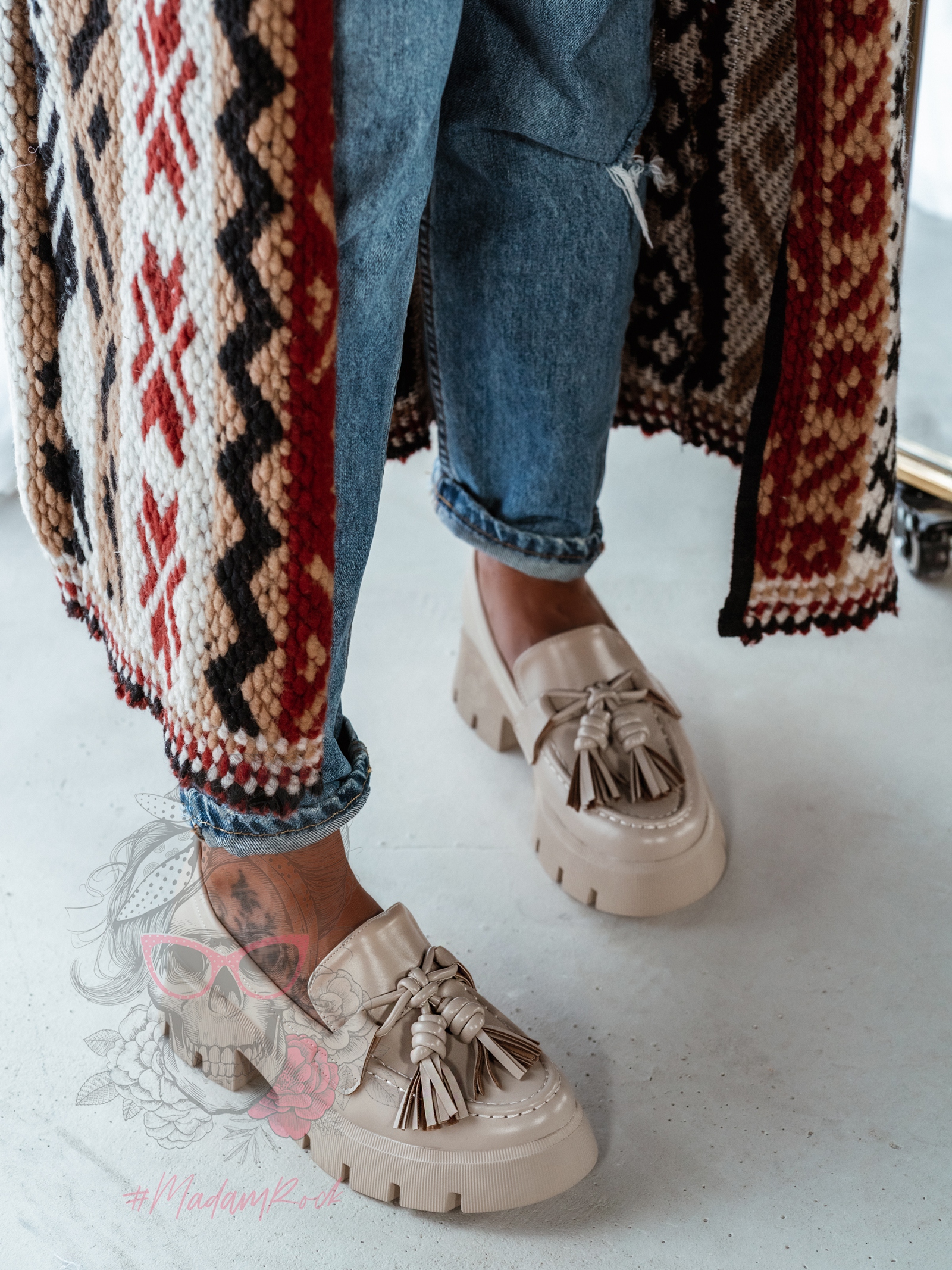 Mokasyny z frędzlami Madam Roed beżowe