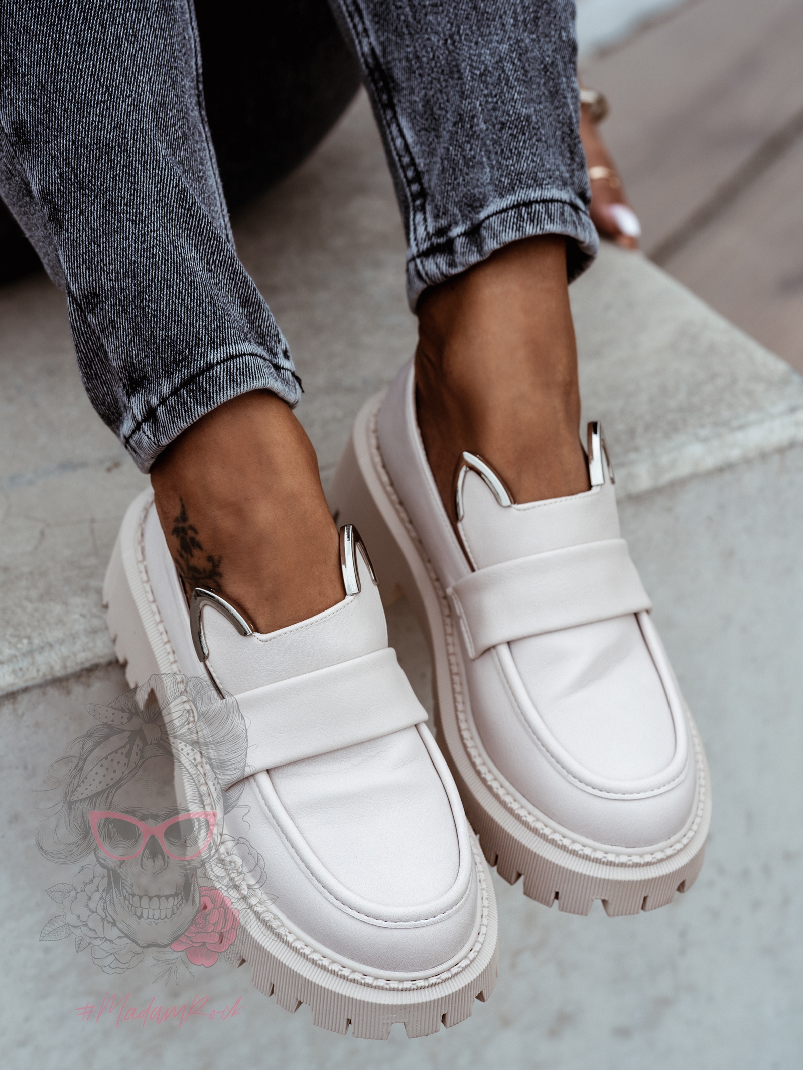 Mokasyny skórzane króliczki Rock Bony beżowe