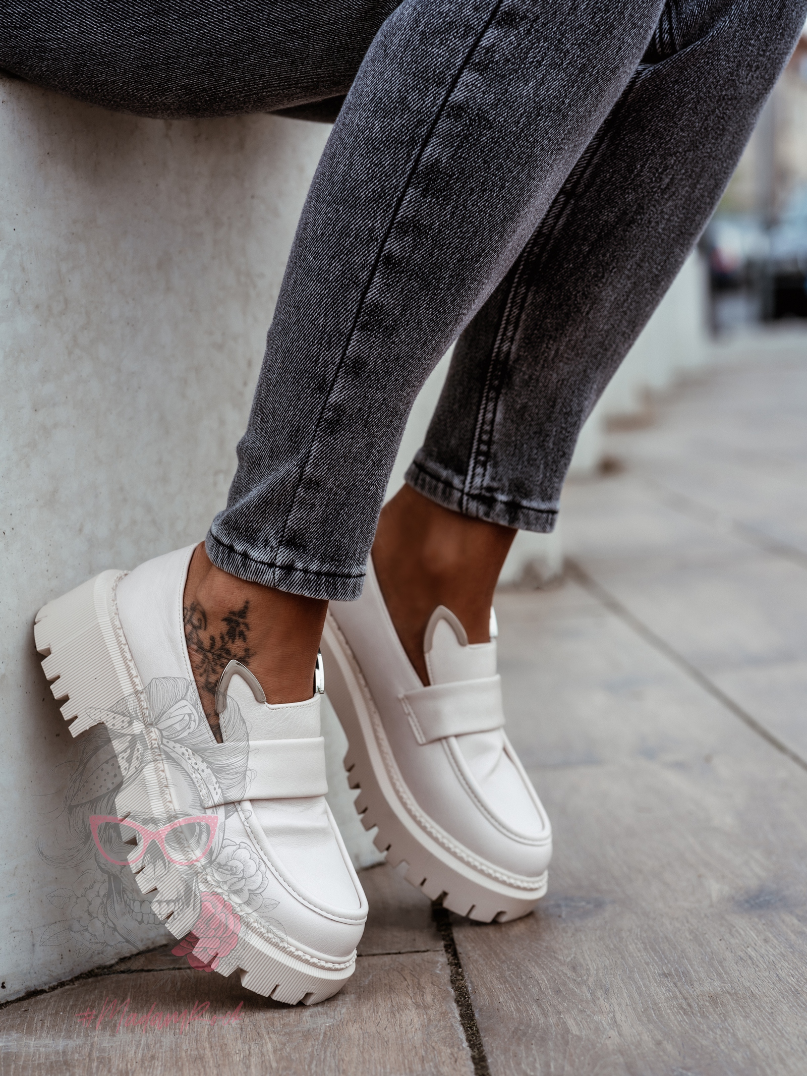 Mokasyny skórzane króliczki Rock Bony beżowe