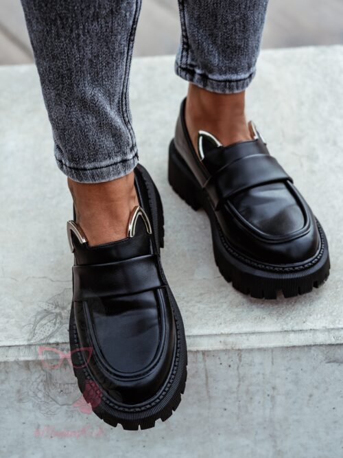 Mokasyny skórzane króliczki Rock Bony czarne