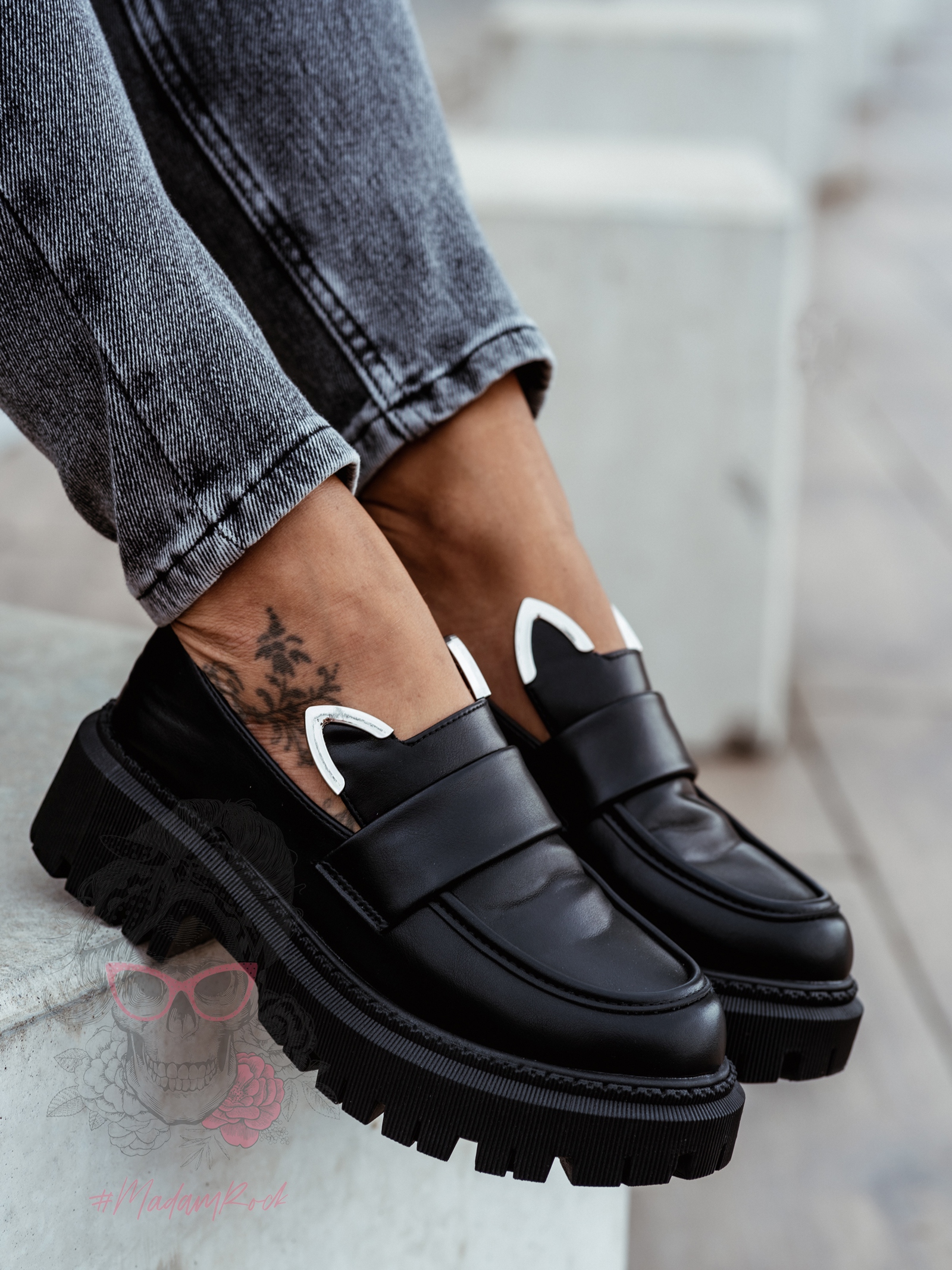 Mokasyny skórzane króliczki Rock Bony czarne Mokasyny skórzane króliczki Rock Bony czarne