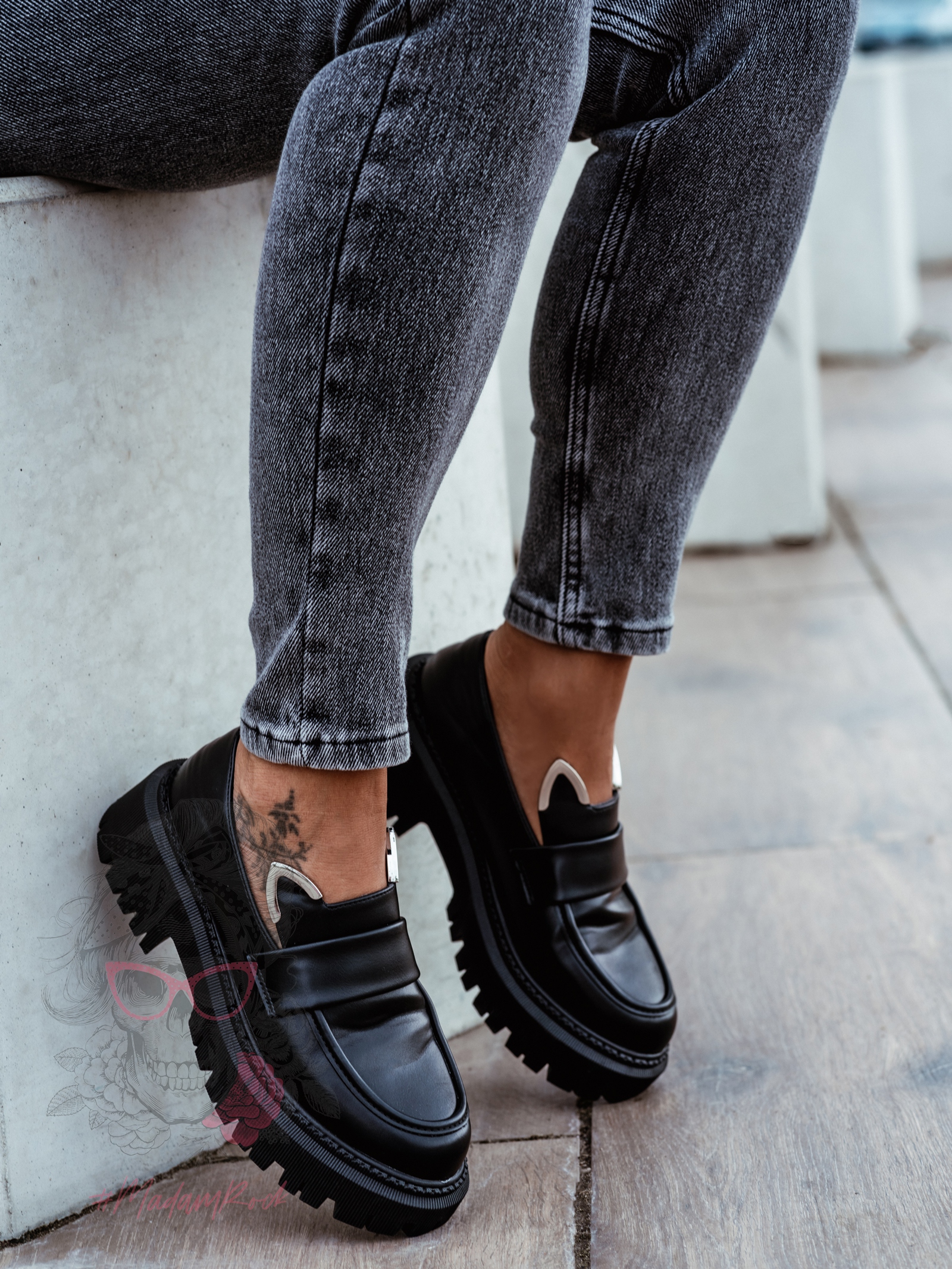 Mokasyny skórzane króliczki Rock Bony czarne Mokasyny skórzane króliczki Rock Bony czarne