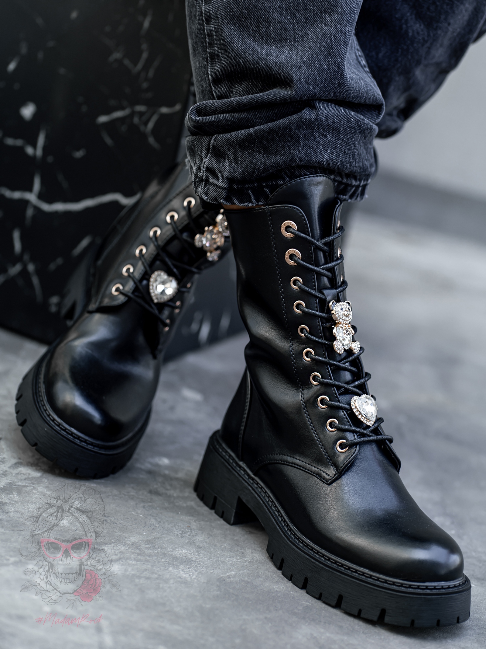 Workery z misiem Rock Tody czarne