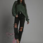 Sweter pleciony z szarpaniami Utto zielony