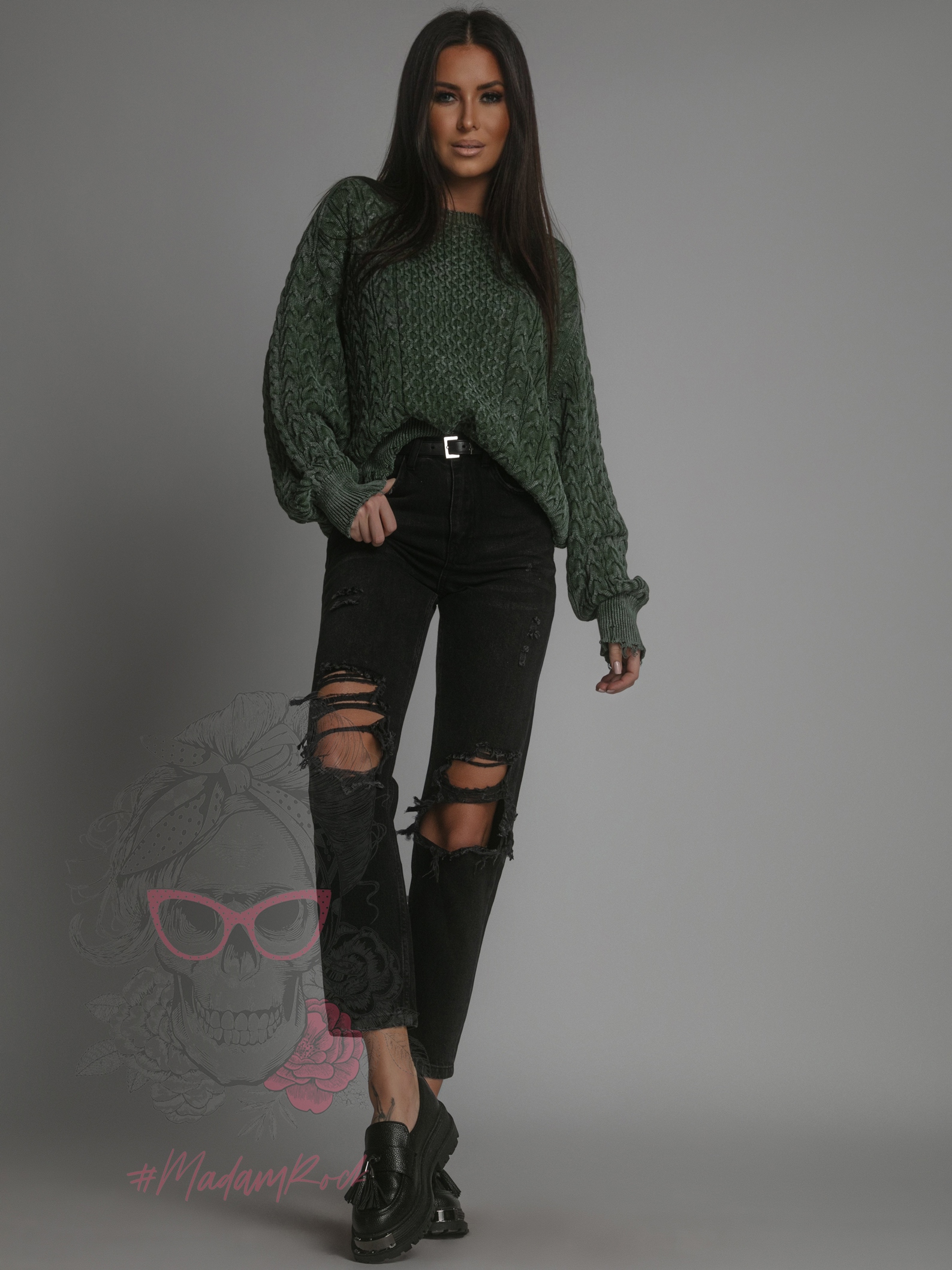 Sweter pleciony z szarpaniami Utto zielony Sweter pleciony z szarpaniami Utto zielony