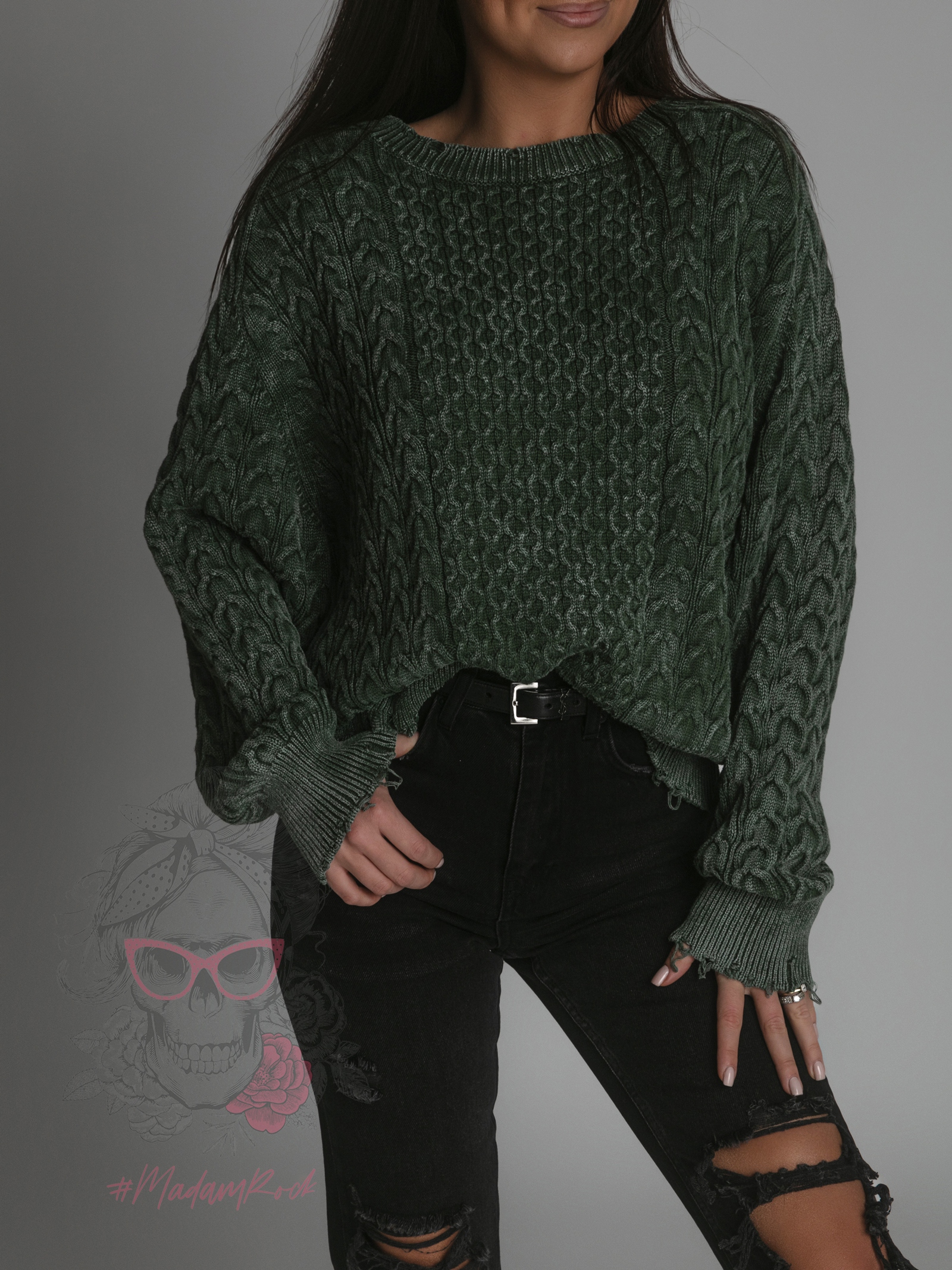 Sweter pleciony z szarpaniami Utto zielony Sweter pleciony z szarpaniami Utto zielony