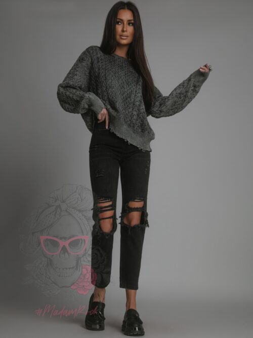 Sweter pleciony z szarpaniami Utto stalowy