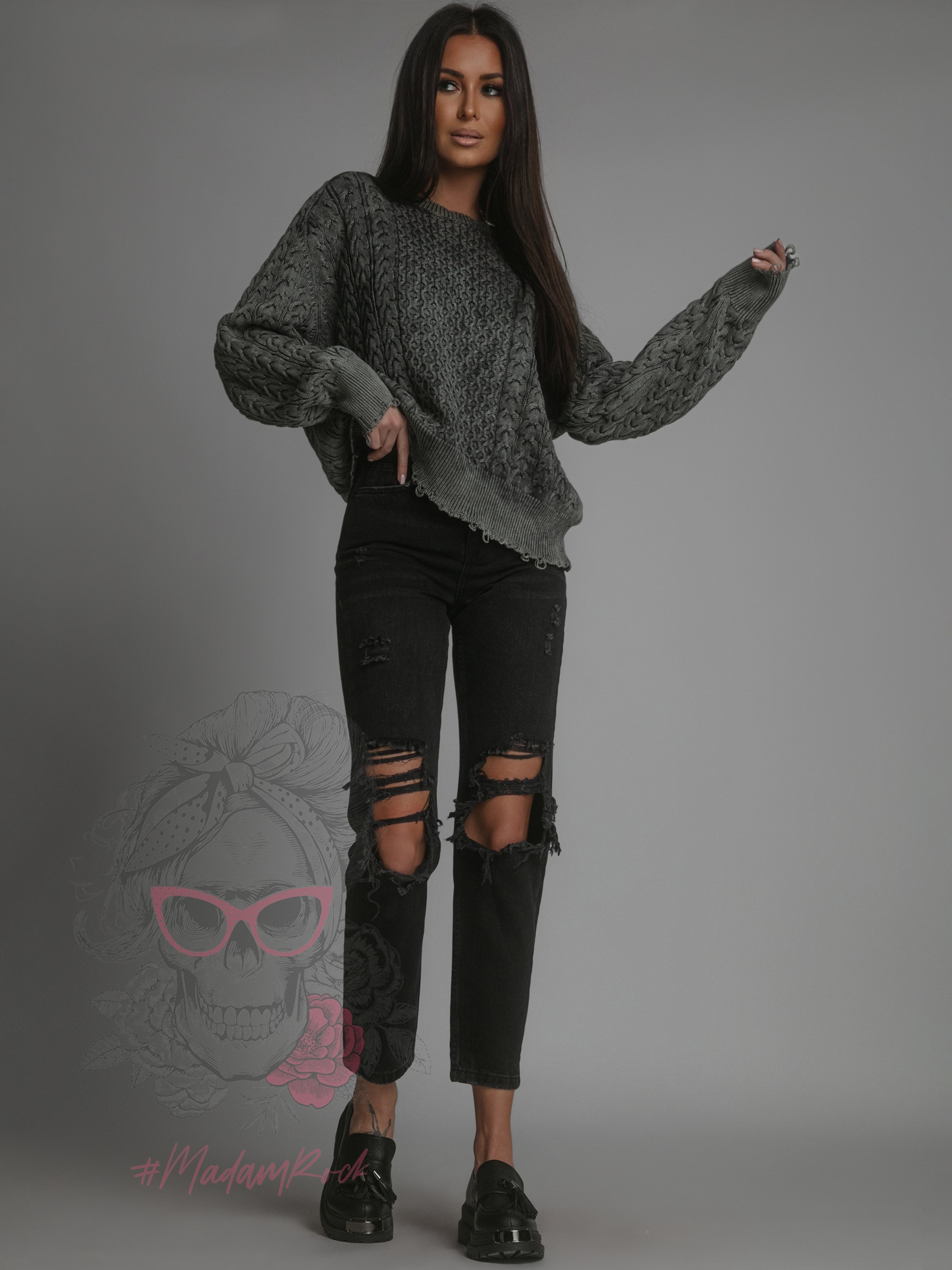 Sweter pleciony z szarpaniami Utto stalowy