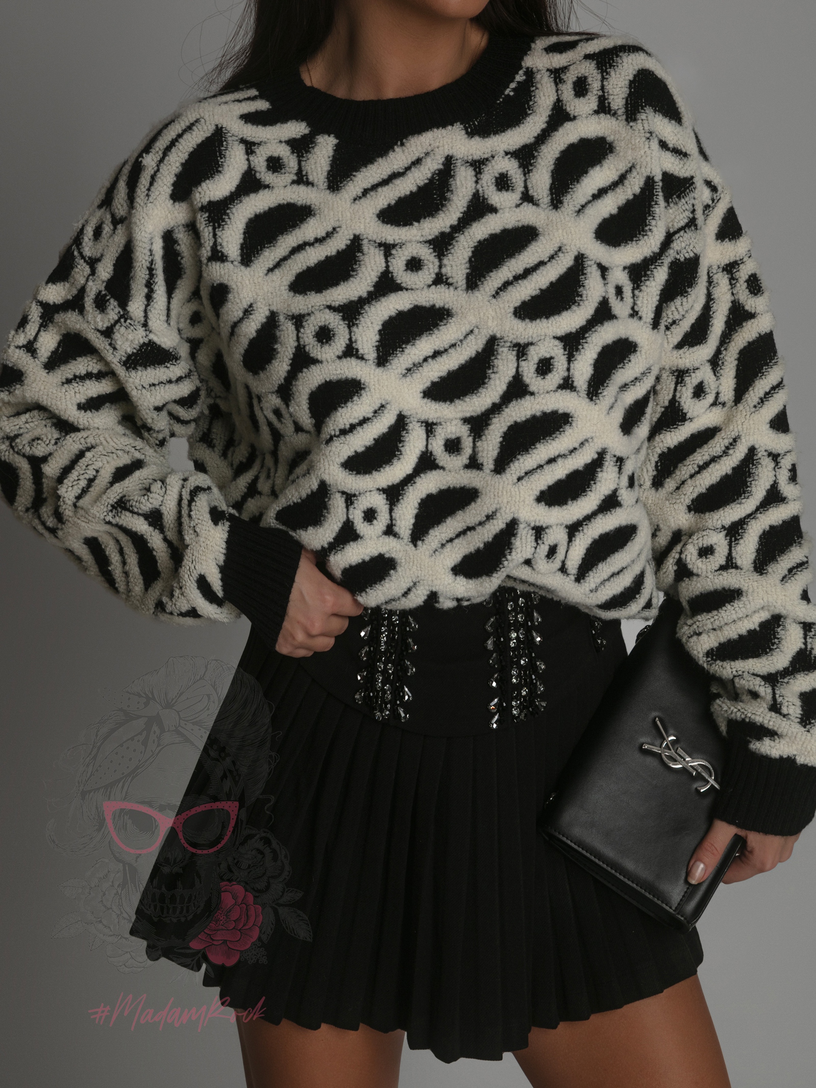 Sweter z pluszem ecru Oreng czarny