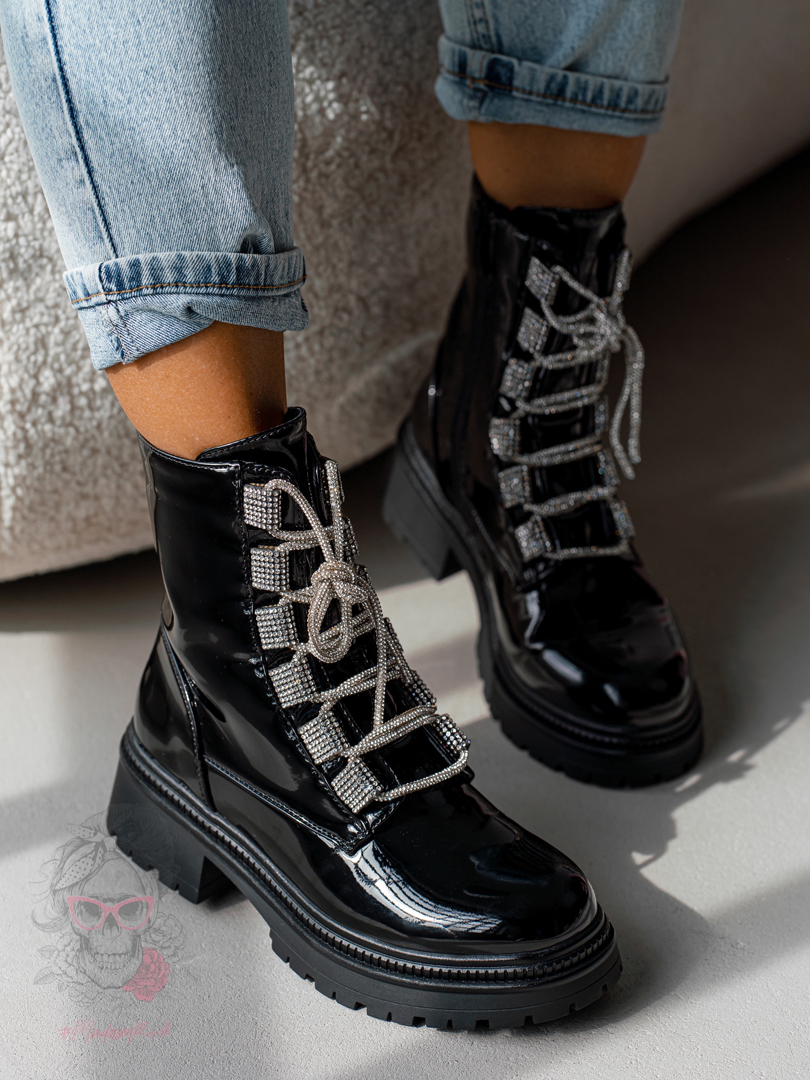 Workery z cyrkoniami Madam Aweksa lakierowane czarne