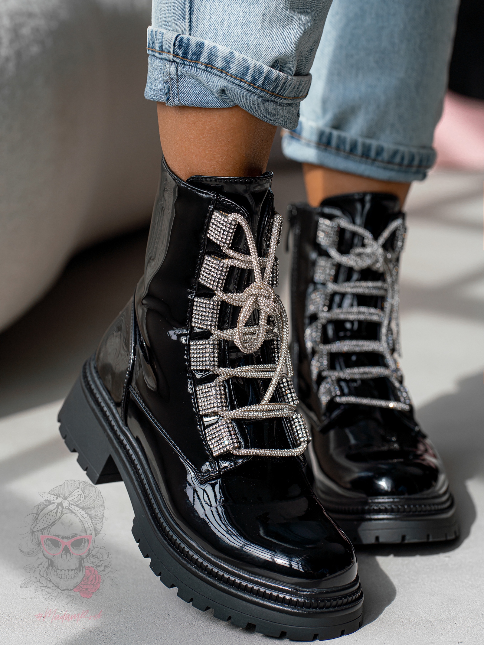 Workery z cyrkoniami Madam Aweksa lakierowane czarne