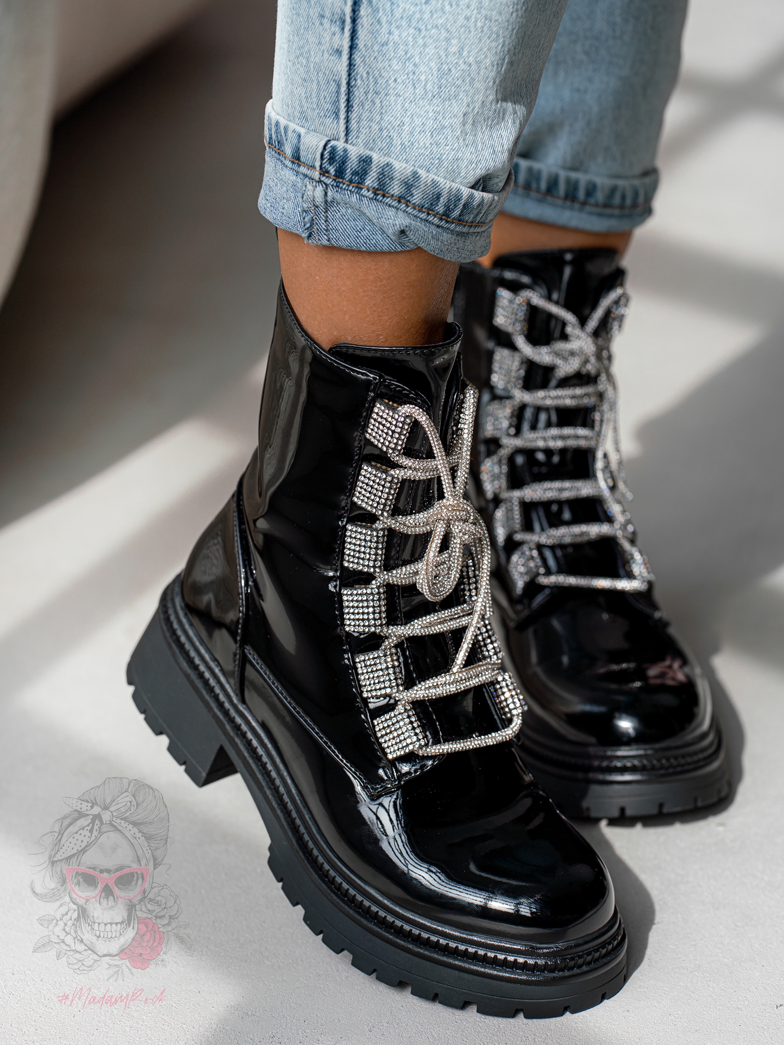 Workery z cyrkoniami Madam Aweksa lakierowane czarne