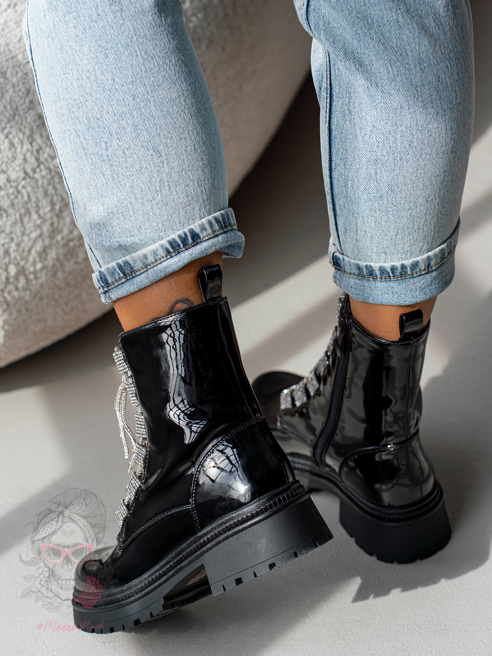 Workery z cyrkoniami Madam Aweksa lakierowane czarne