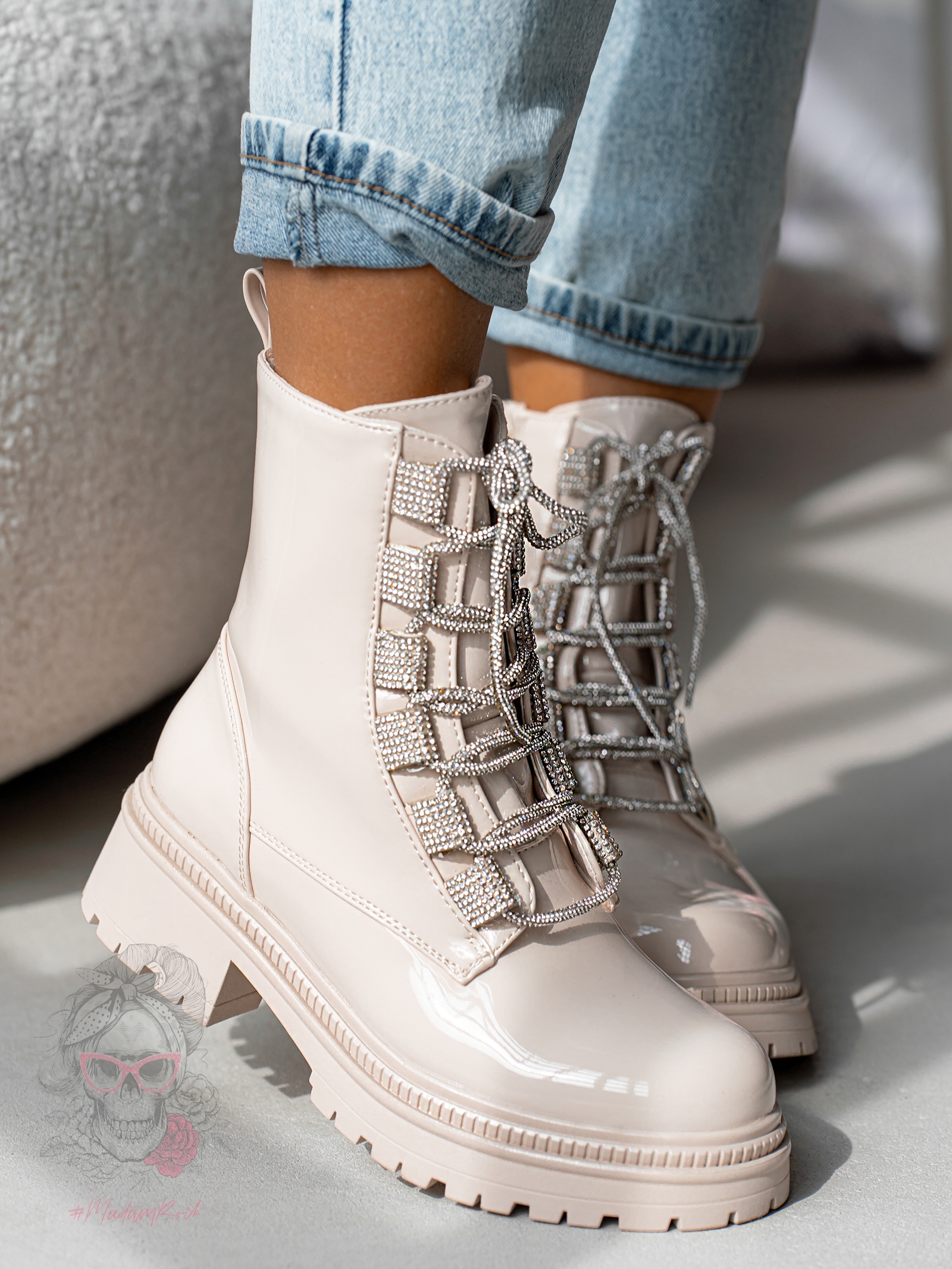 Workery z cyrkoniami Madam Aweksa lakierowane beżowe