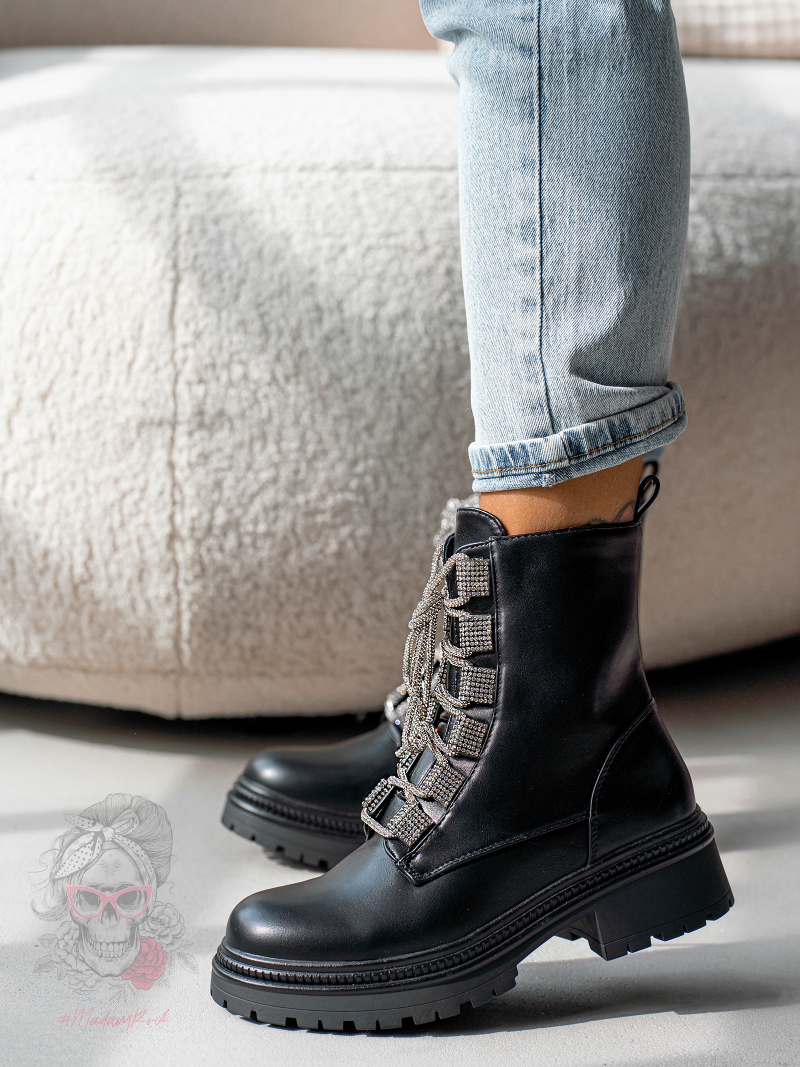 Workery z cyrkoniami Madam Aweksa II matowe czarne