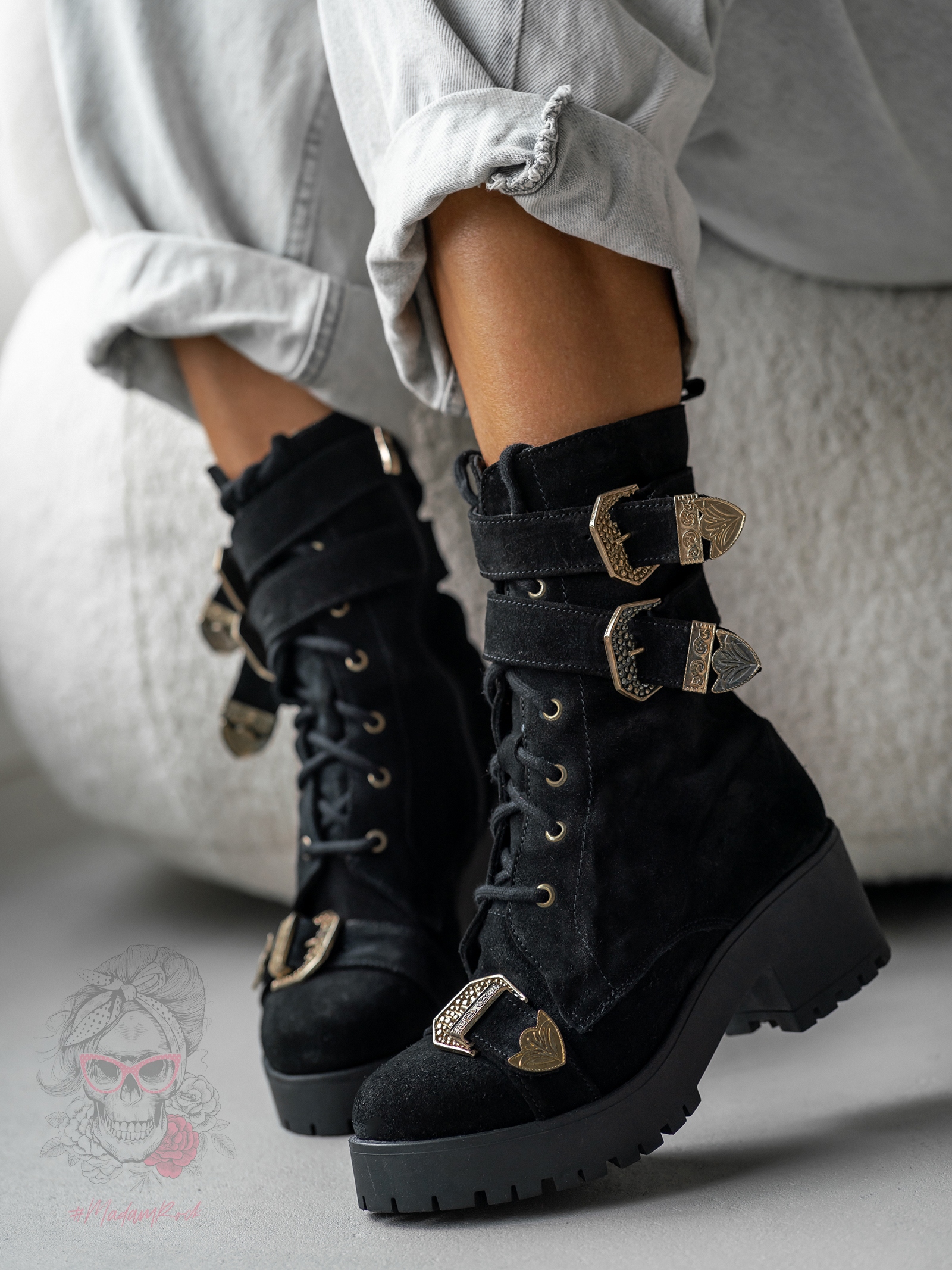 Botki skórzane z klamerkami Unique Rock czarne