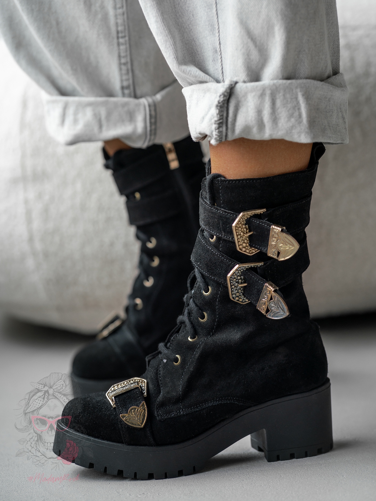 Botki skórzane z klamerkami Unique Rock czarne Botki skórzane z klamerkami Unique Rock czarne