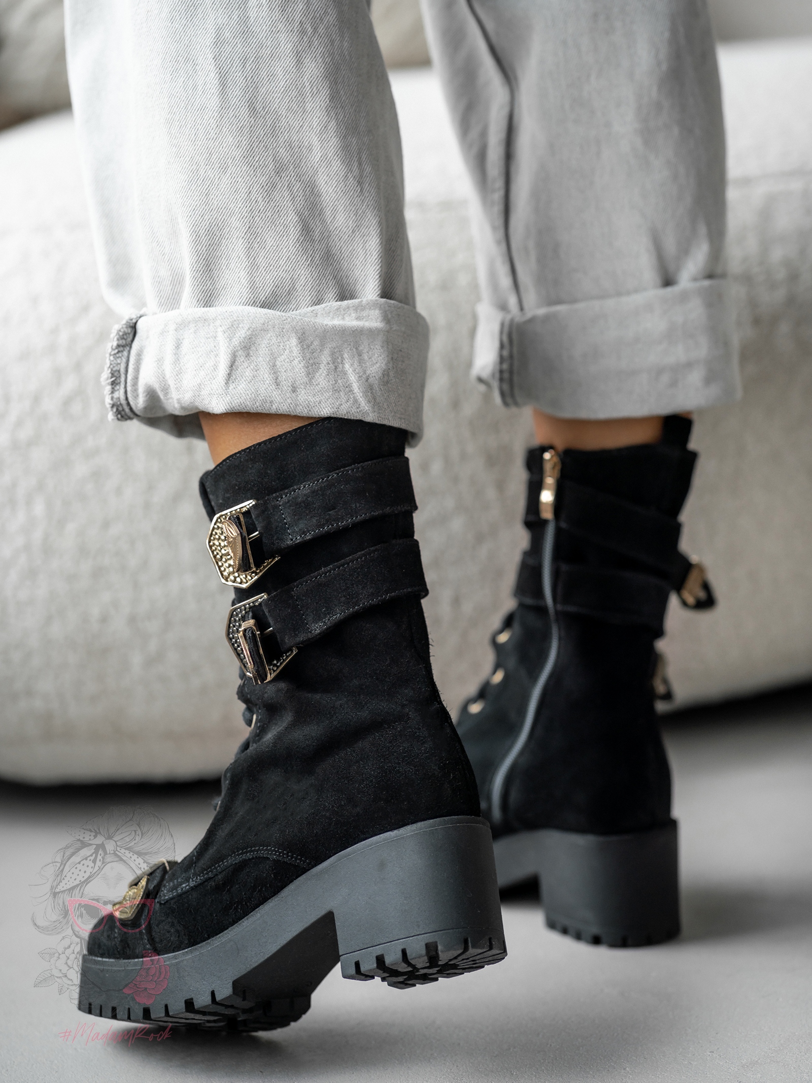 Botki skórzane z klamerkami Unique Rock czarne Botki skórzane z klamerkami Unique Rock czarne